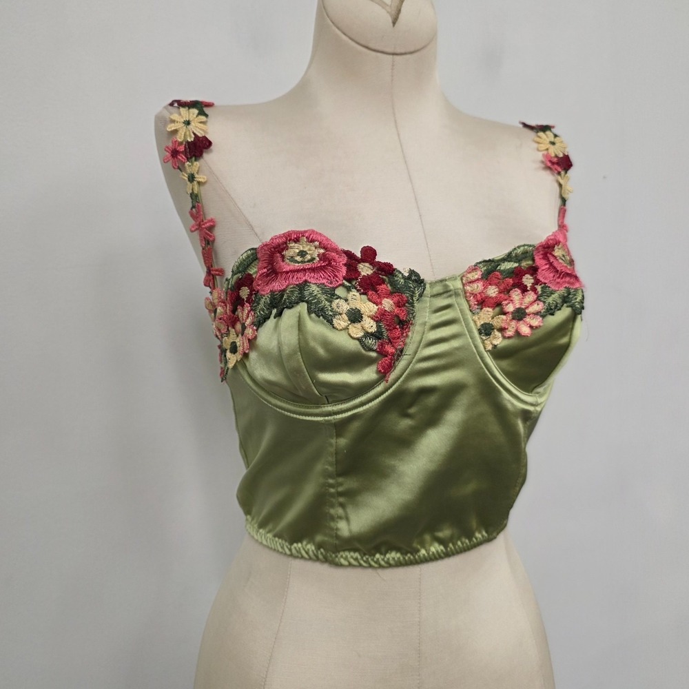 Fashion Nova Green Embroidered Corset Top S Satin Fairy Festival Rave Floral
